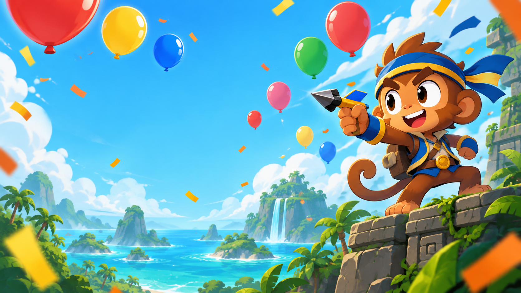Original Bloons Blitz fan wiki illustration with a cartoon adventurer and colorful balloons